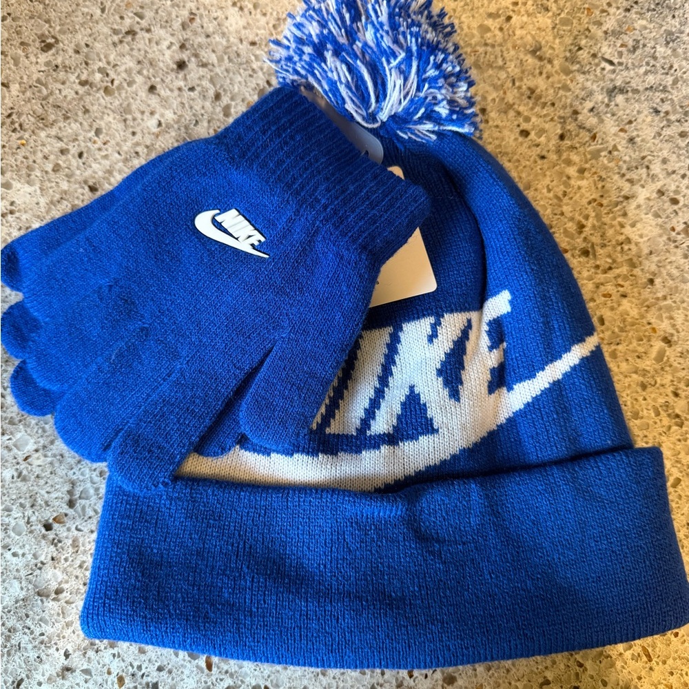 Nike Youth Royal Blue Pom Beanie Hat and Glove Set